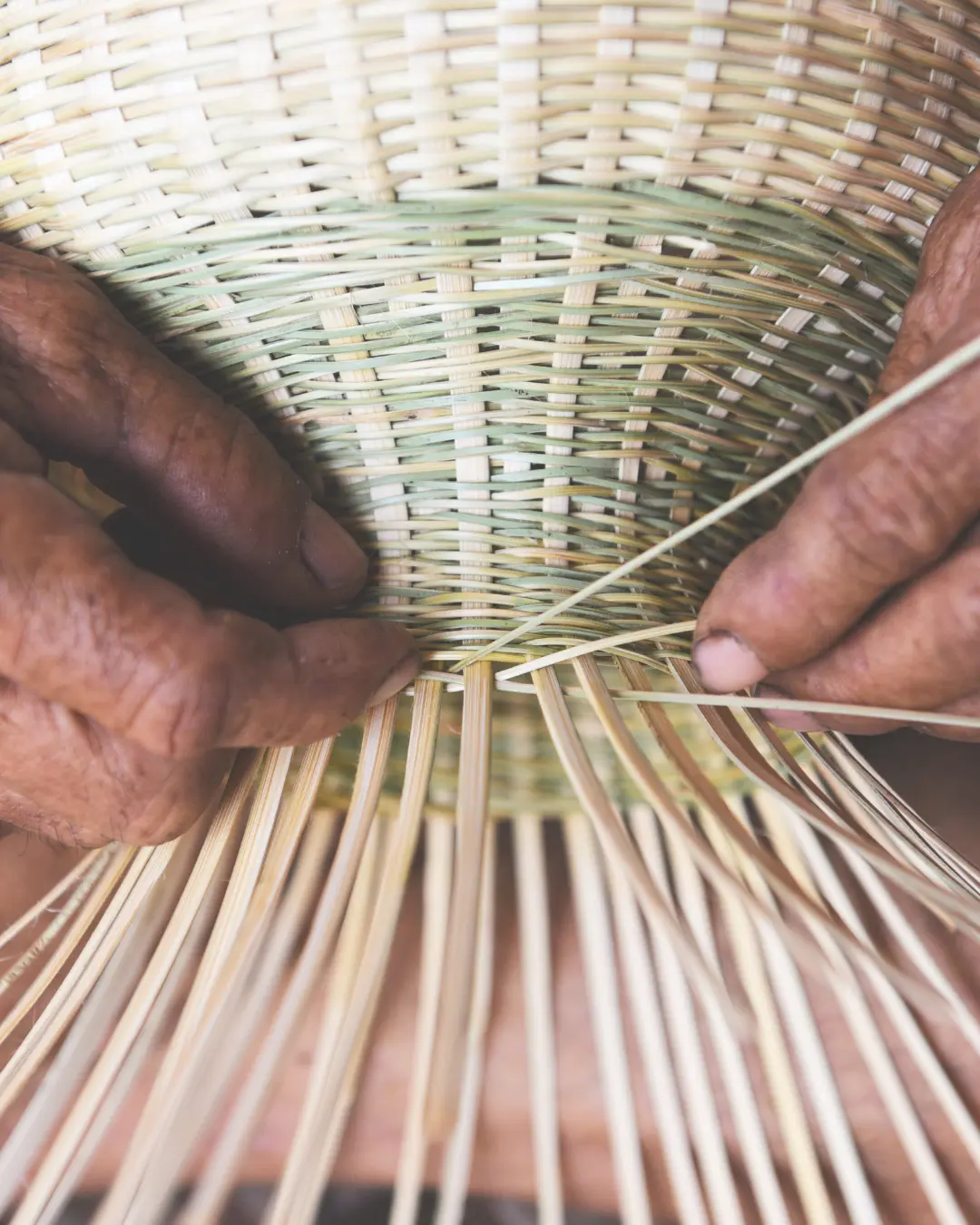 Manos tejiendo una pieza en fibra natural