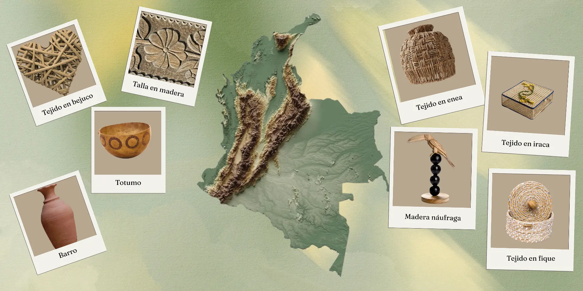 Técnicas artesanales del Atlántico: tejido en bejuco, talla en madera, totumo, barro, tejido en enea, iraca, madera náufraga y fique