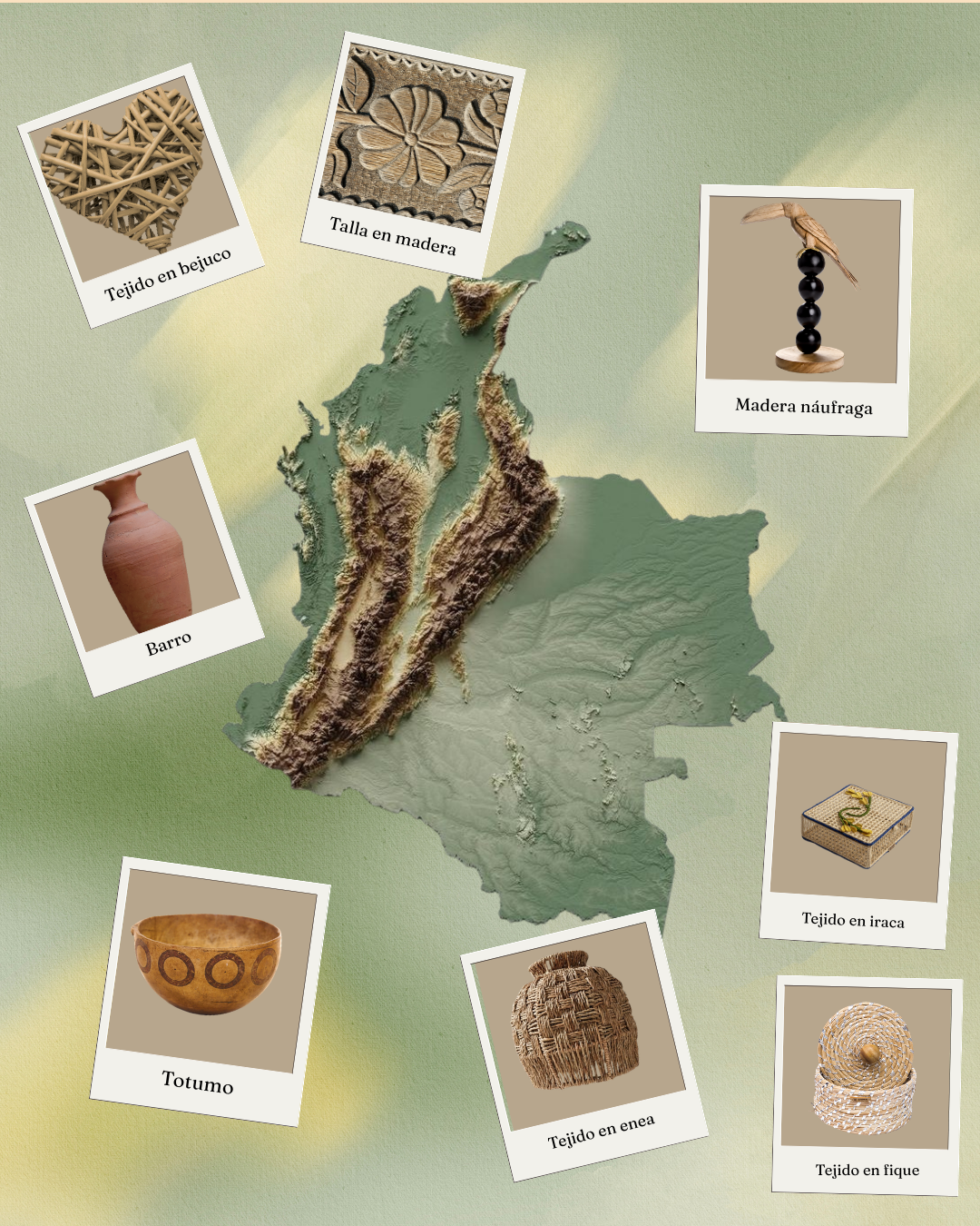 Técnicas artesanales del Atlántico: tejido en bejuco, talla en madera, totumo, barro, tejido en enea, iraca, madera náufraga y fique